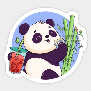 The cute panda enjoys bubble tea and a donut among bamboo trees Sticker